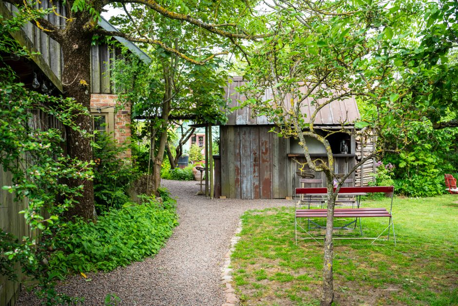 Abri de jardin en bois au fond d’un jardin
